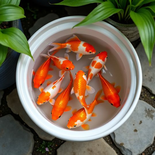 Bunte Goldfische und Shubunkins suchen neuen Weiher