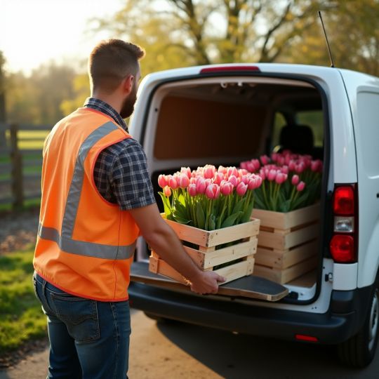 Frühlingsblumen ausliefern und Pakete bereitstellen