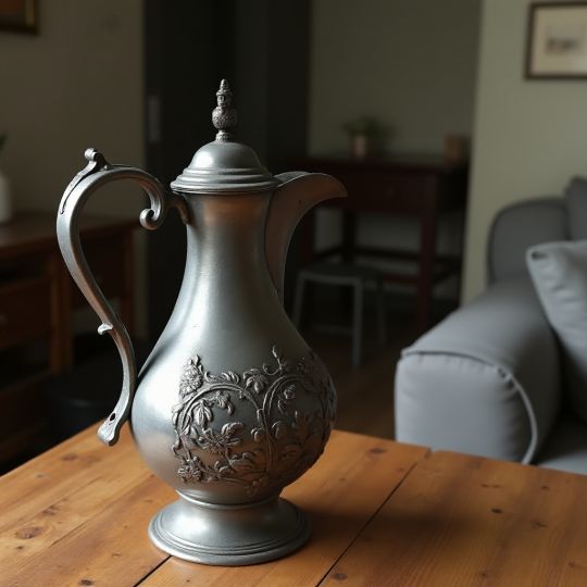 Gegossene Weinkanne aus Zinn mit Relief und Verschlussfigur